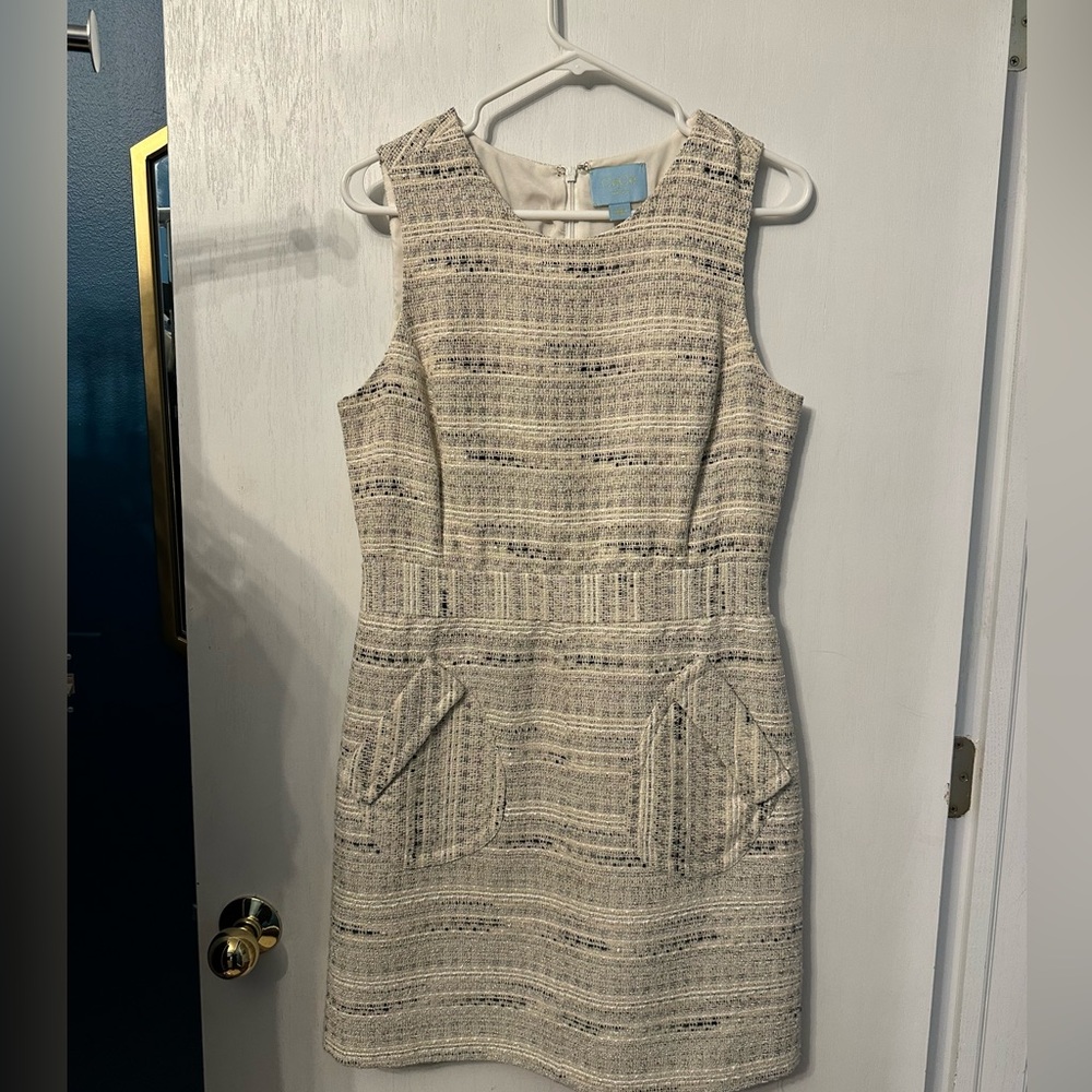 CeCe Banded Textured Mini Dress with Pockets in White, Tan and Black - Size 8